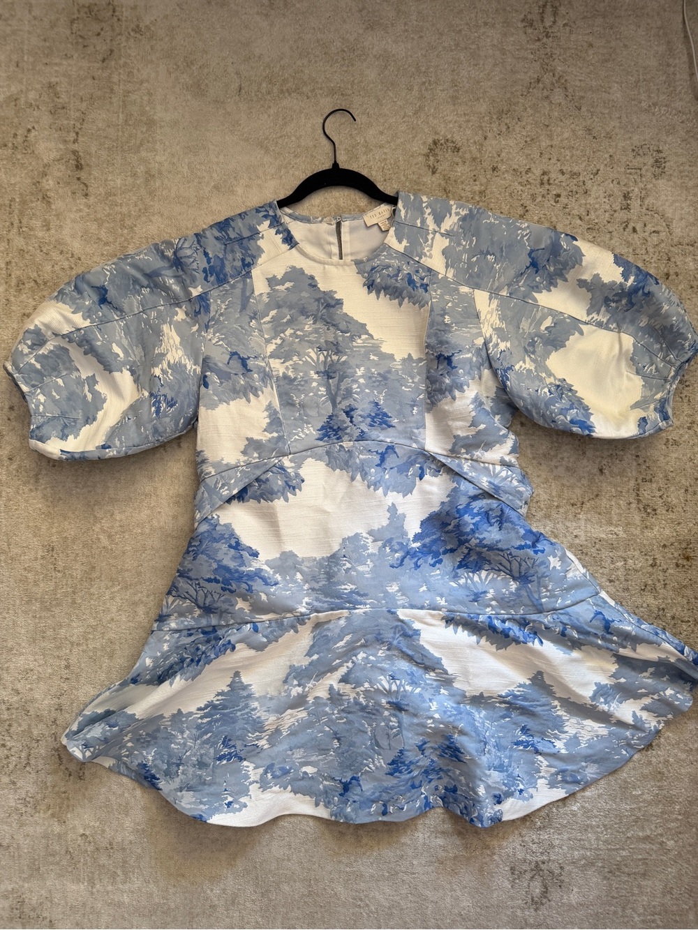 Ted Baker White Dress with Blue Floral Print and Puff Sleeves